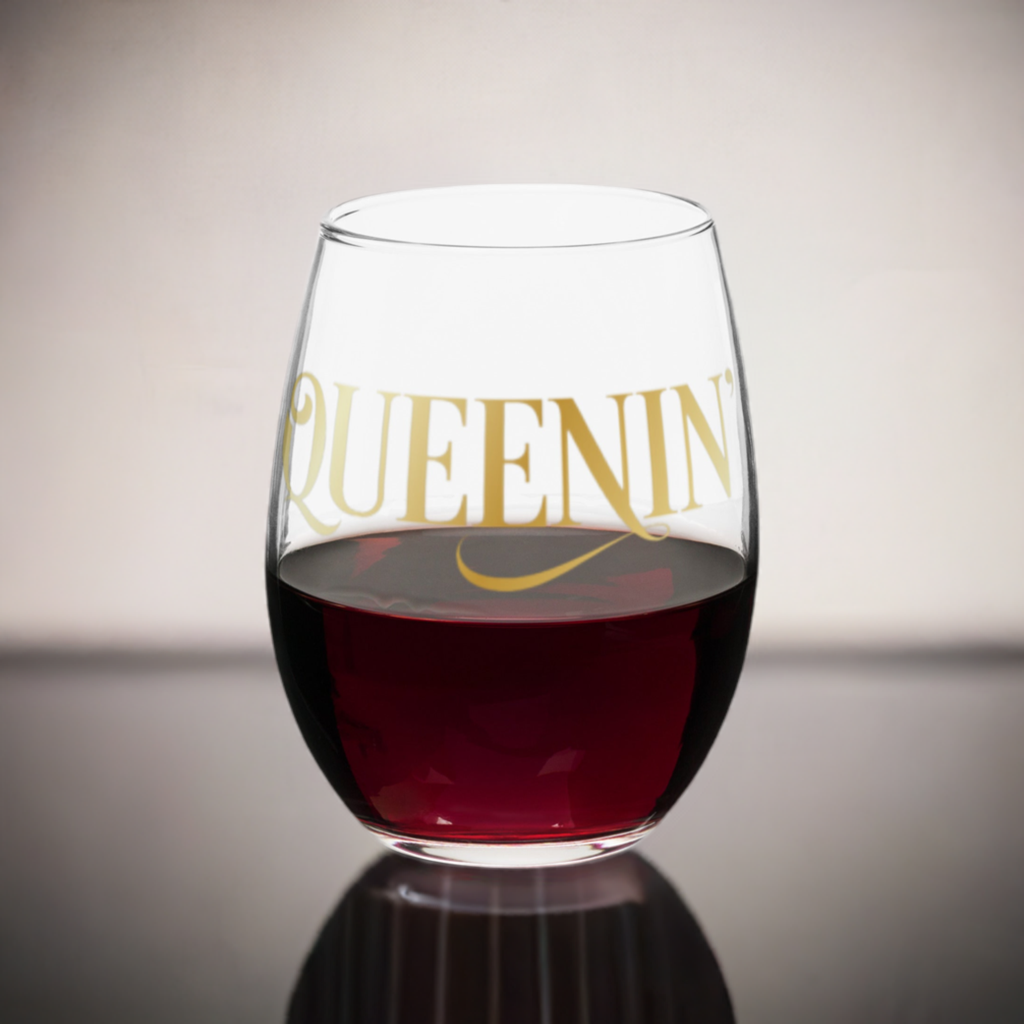 A Queen's Cork Stemless wine glass